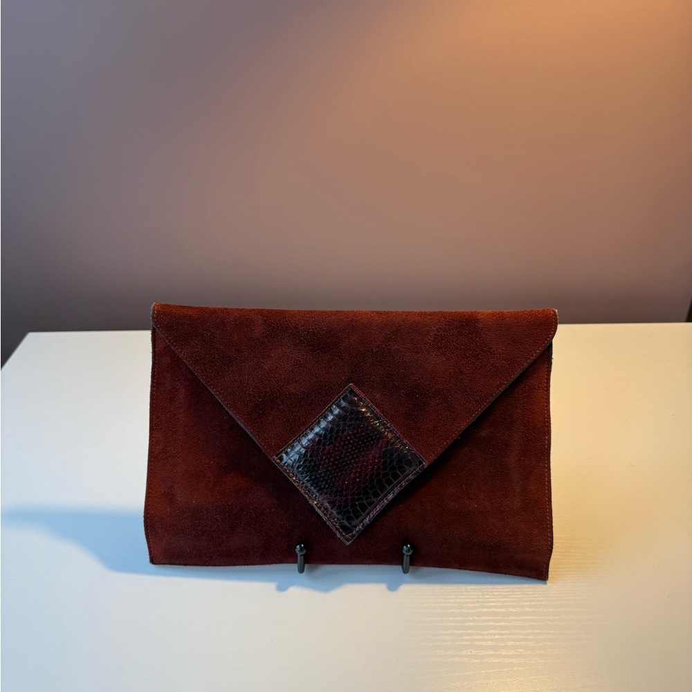 Red Suede Vintage Clutch with Textured Accent